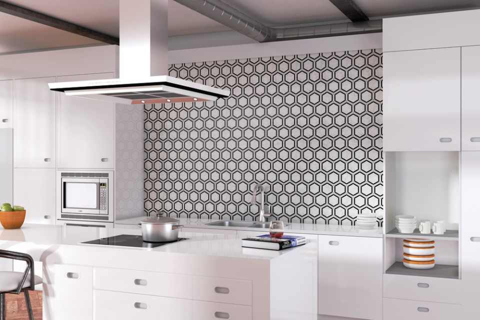 black and white hexagon tile backsplash in modern kitchen